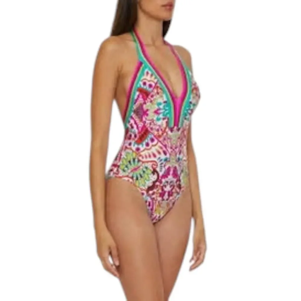 Trina Turk Hawaiian Garden Border Halter Plunge One Piece Swimsuit